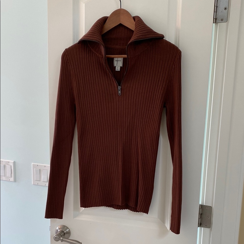 NWOT Maeve Brown Cowl Neck Sweater with Ribbed Texture